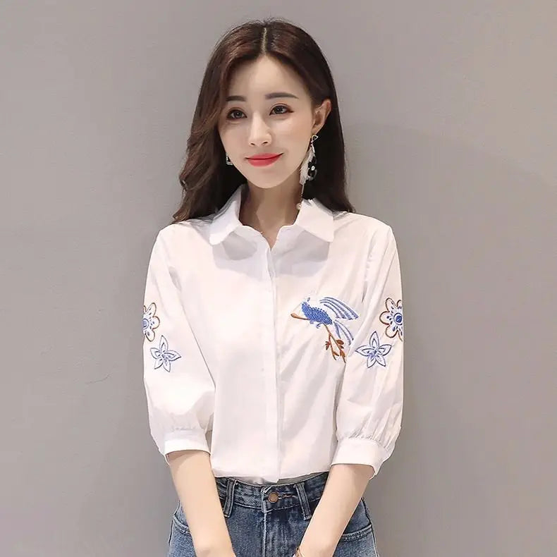 Embroidered Five-Point Sleeve Summer Shirt for Women Lightweight Lapel Casual Top with Elegant Literary Style and Versatile Temperament