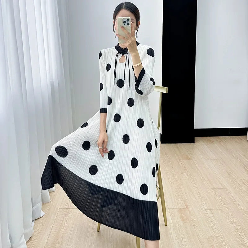 Polka Dot Pleated Dress for Women with Stand Collar