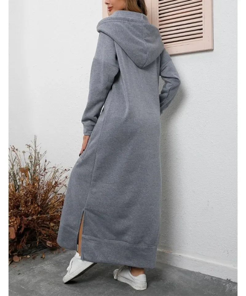 Cozy Knitted Hooded Long Dress With Large Pocket Women