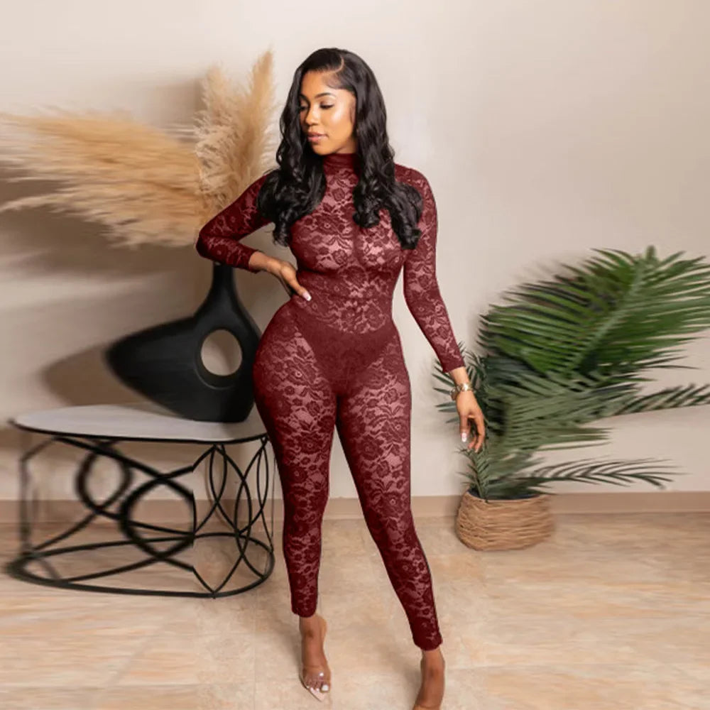 Sexy Sheer Floral Lace Jumpsuit with Overlay Skirt Stretchy Skinny One Piece Romper for Nightclub Party Women Clubwear