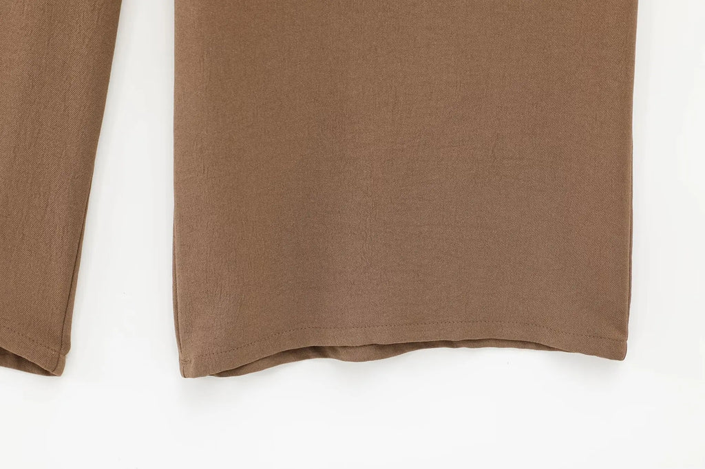 Women's Collared Roll-Up Sleeve Shirt and Drawstring Waist Wide Leg Pants Set