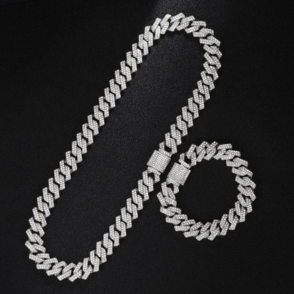 Gold Color Cuban Chain Watch for Men with Iced Out Rhinestones Hip Hop Style Necklace and Bracelet Jewelry