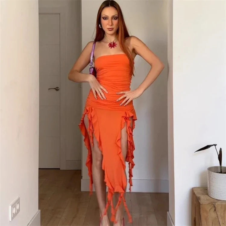 Strapless Tassel Maxi Dress For Women Party Clubwear