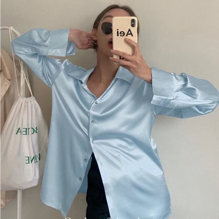 Elegant Satin Long Sleeve Women's Shirt Slim Fit Casual Office Blouse Stylish Autumn Top