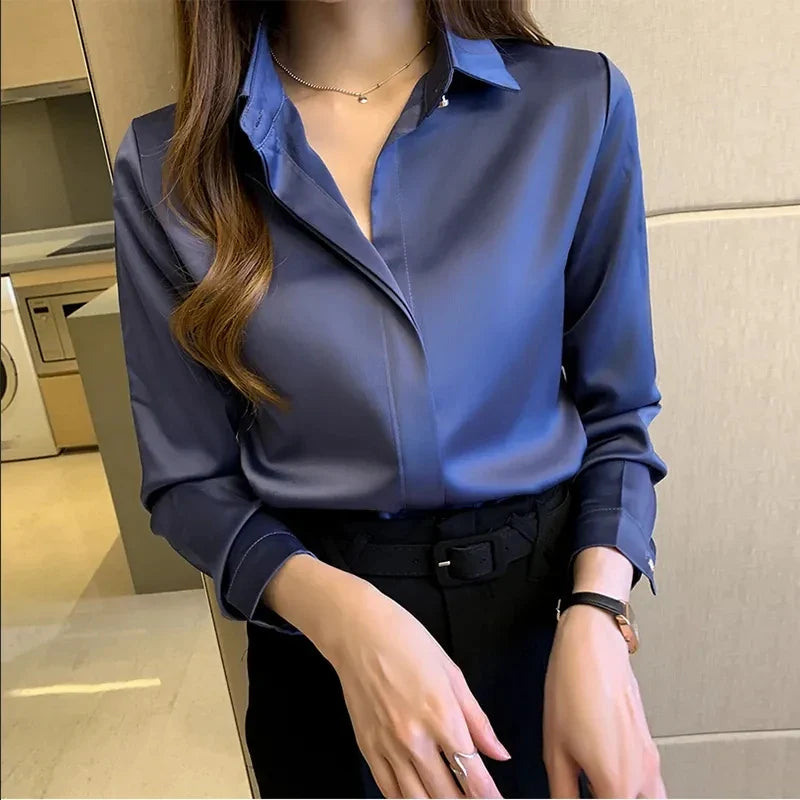 Elegant Satin Long Sleeve Women's Blouse Vintage Silk Shirt Luxury White Top for Autumn Commuting and Casual Wear