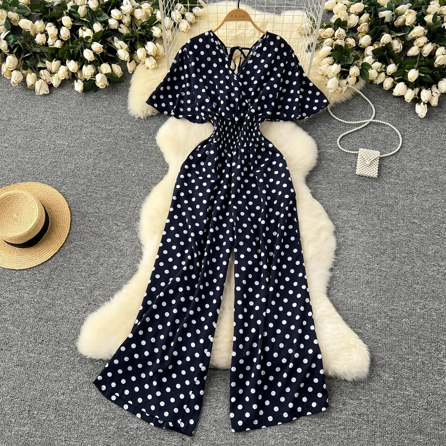 Elegant Polka Dot Romper for Women V-Neck Short Sleeve High Waist Wide Leg Jumpsuit Loose Fit Summer Playsuit