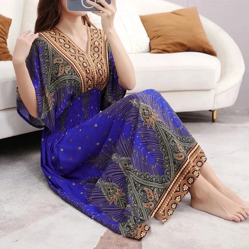 Chic Womens V Neck Vintage Boho Print A Line Dress Style