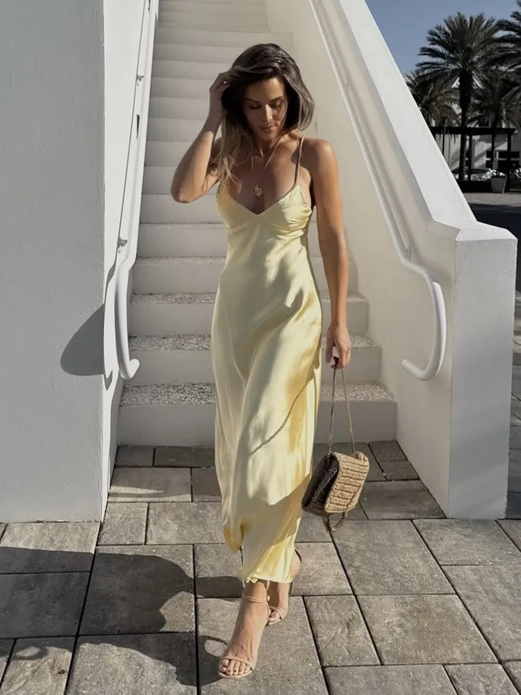 Silky Satin Backless Midi Dress With Textured Finish