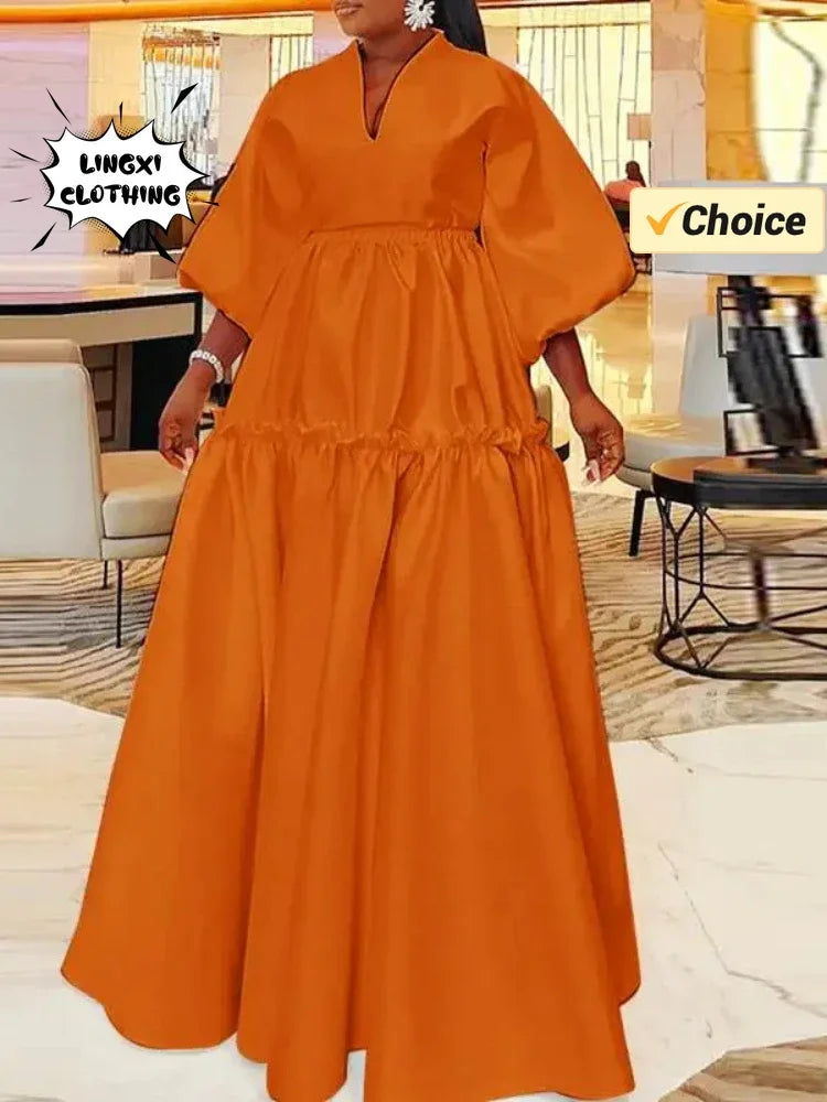 Womens V Neck Long Dress Solid Color Summer Loose Fit