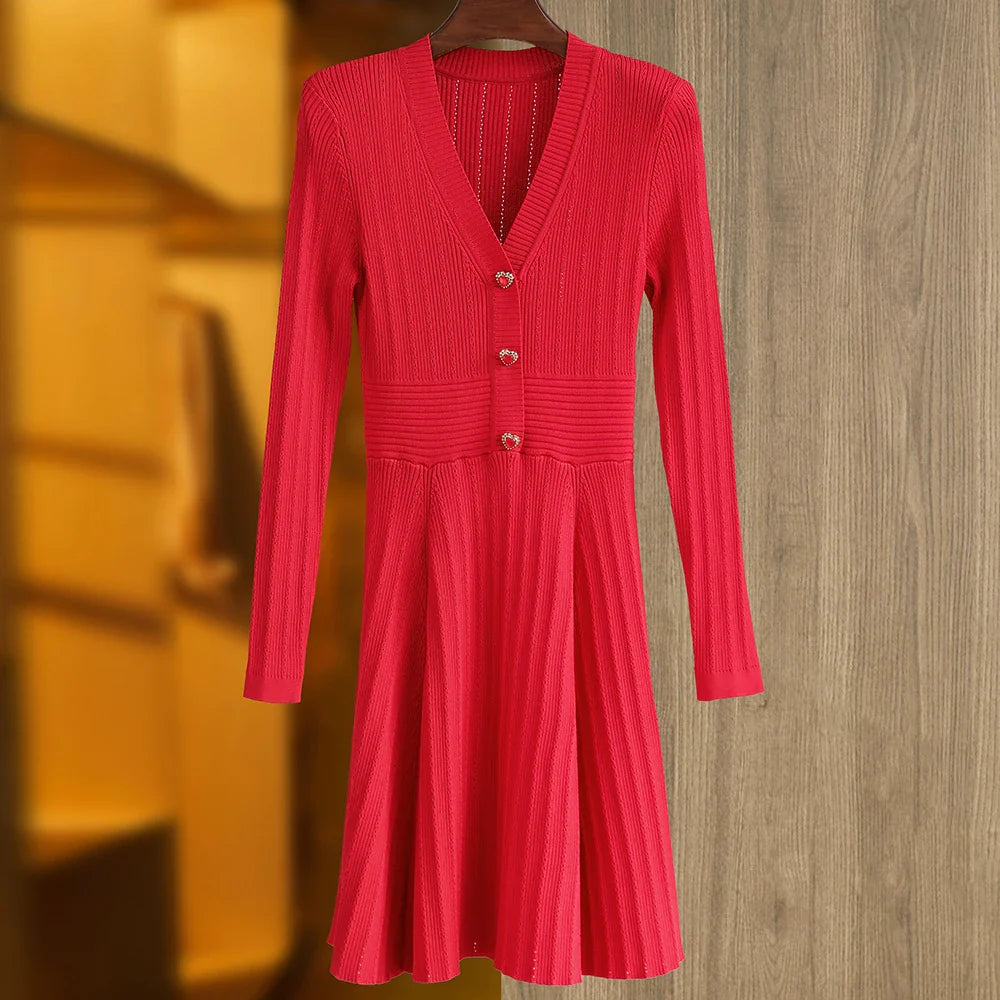 Knitted Long Sleeve V Neck Button Party Dress for Autumn