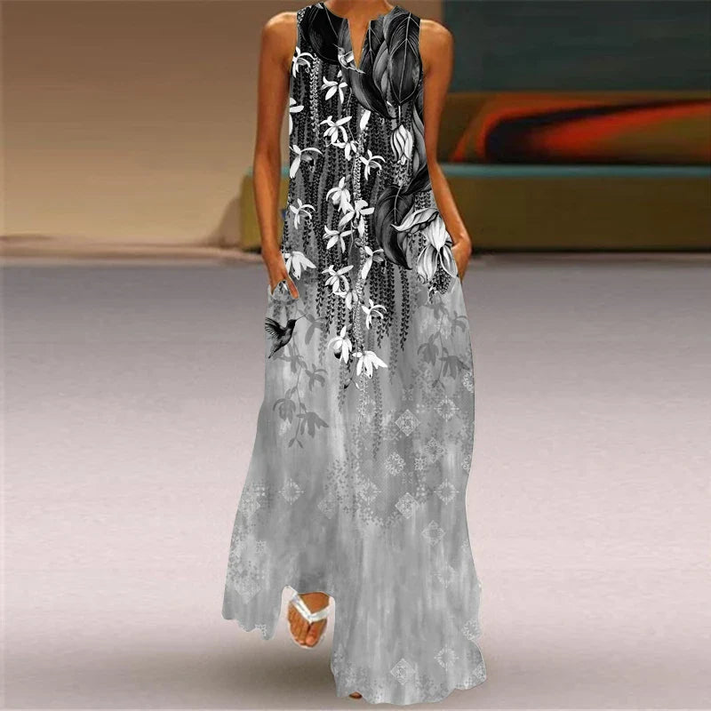V Neck Sleeveless Printed Maxi Dress For Women Summer Style