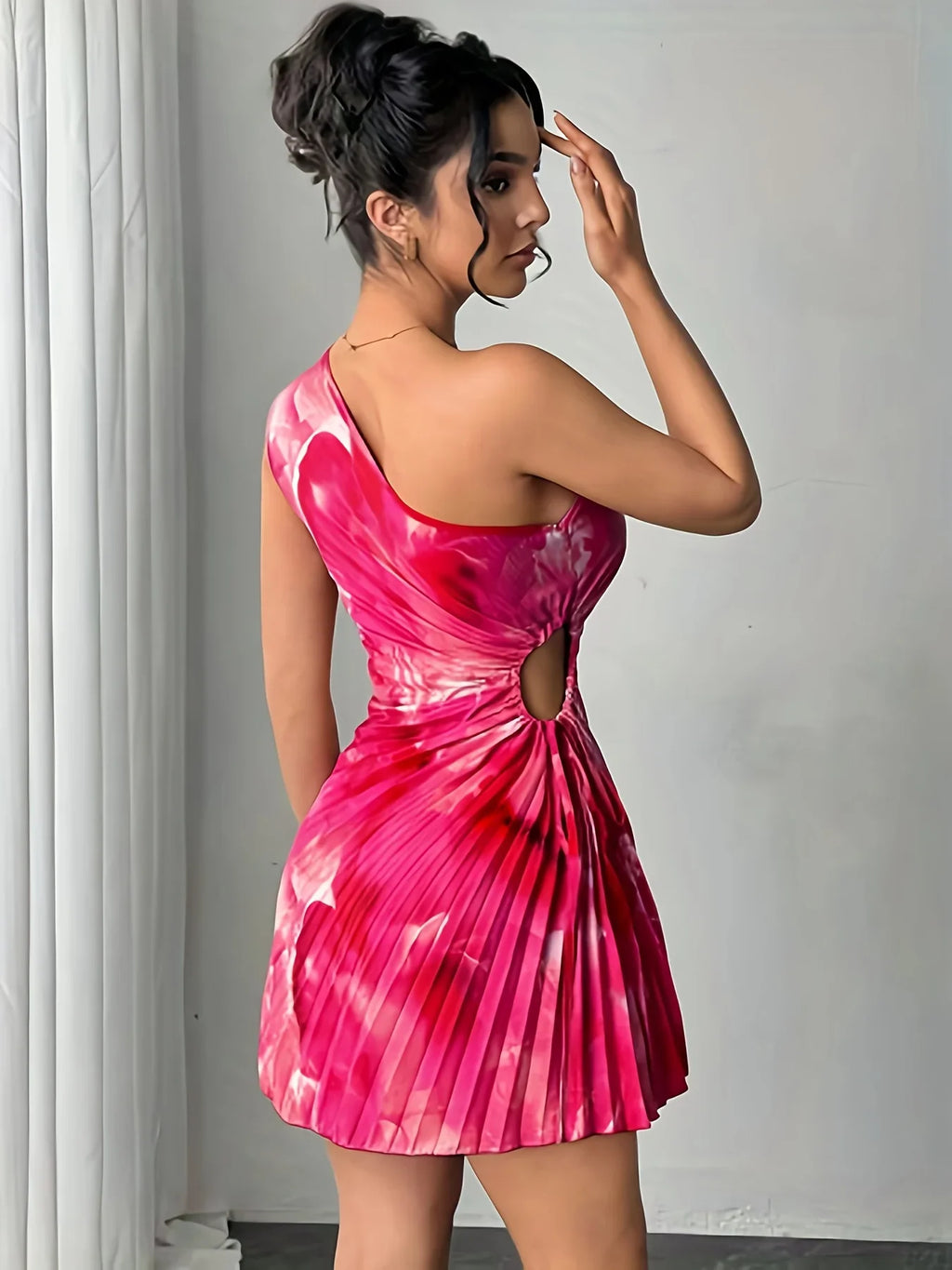 Summer Dress Ink Print Cutout Waist Pleated Slanted Shoulder