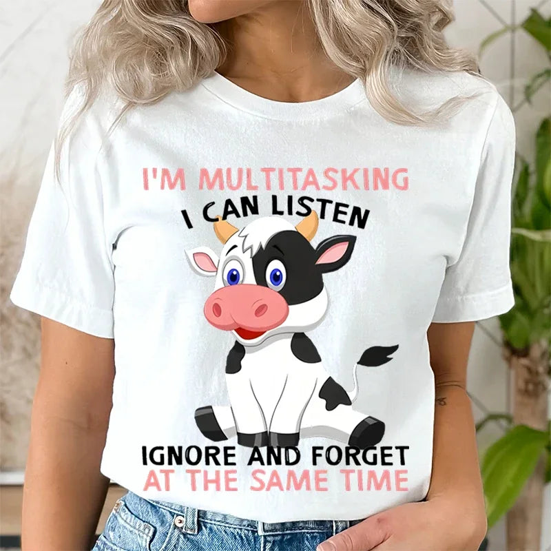 Cute Cow Print Short Sleeve Women's T-Shirt I'm Multitasking Casual Crew Neck Summer Top
