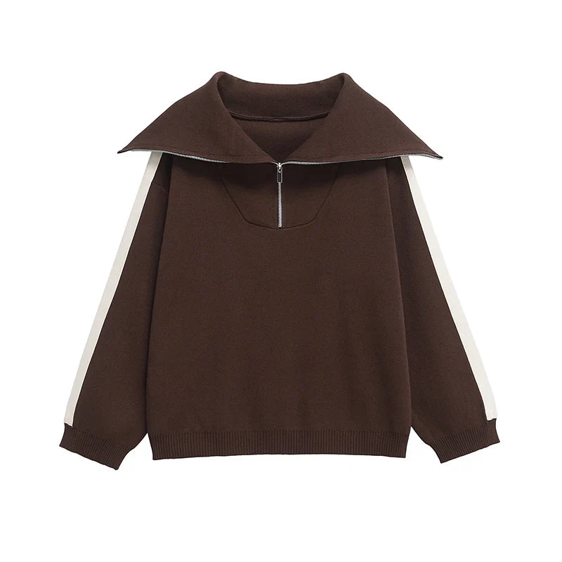 Chic Women's 2 Piece Set Brown Pullover Sweatshirt and Vintage High Elastic Waist Trousers