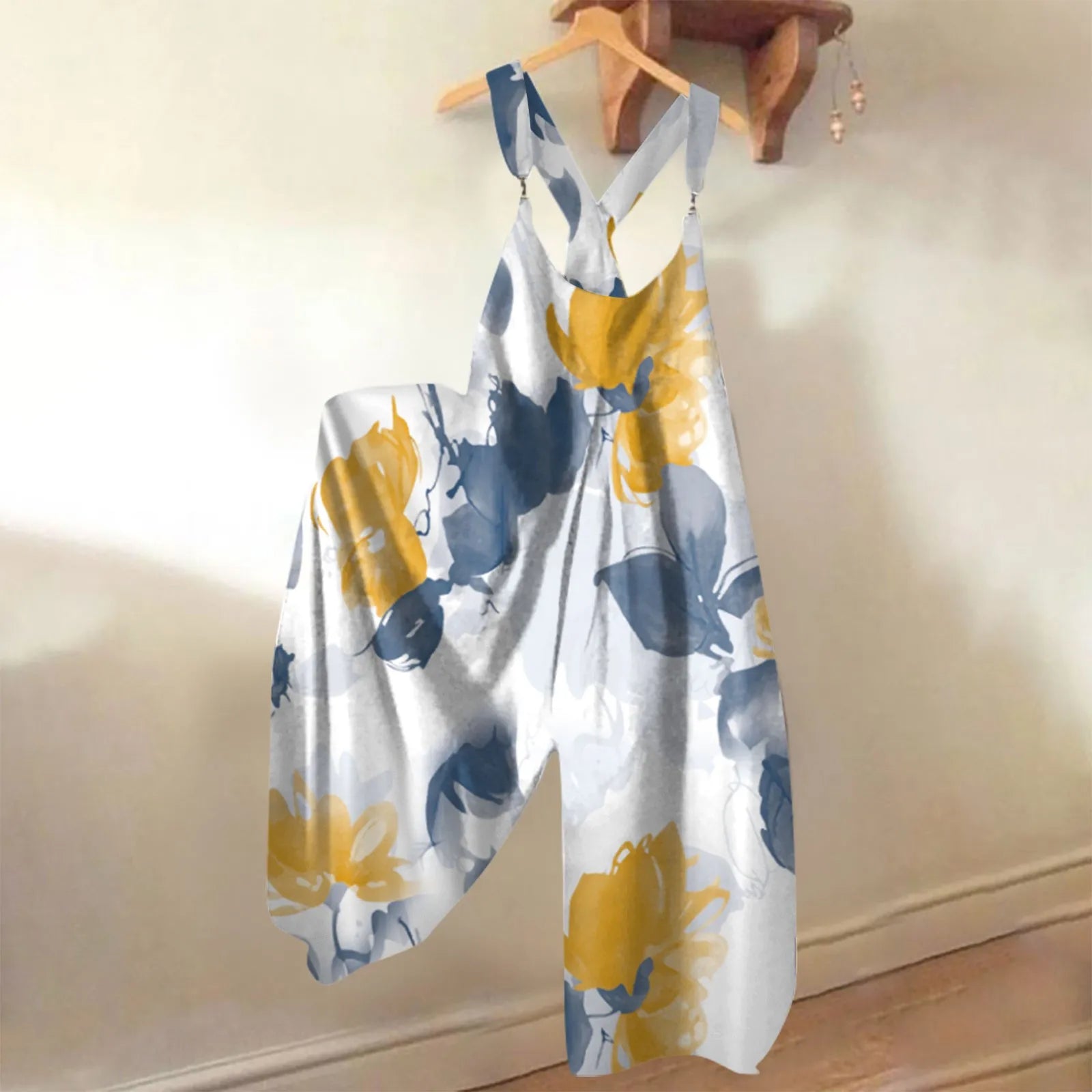 Wide Leg Sleeveless Overalls for Women Casual Loose Fit Jumpsuit with Retro Print Metal Buttons Long Pants Romper with Functional Pockets