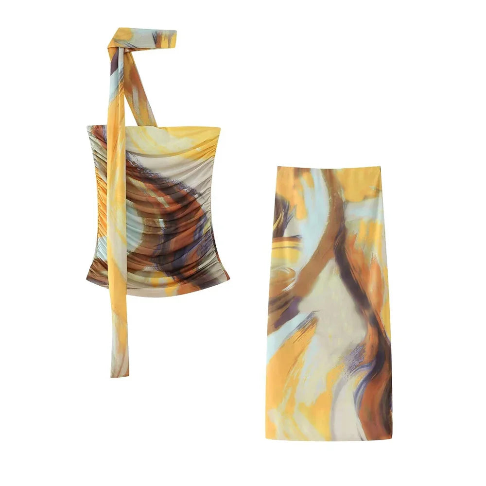 Strapless Leopard Print Tulle Draped Bustier Top with High Waist Long Skirt Two-Piece Set for Women Sexy Evening Outfit