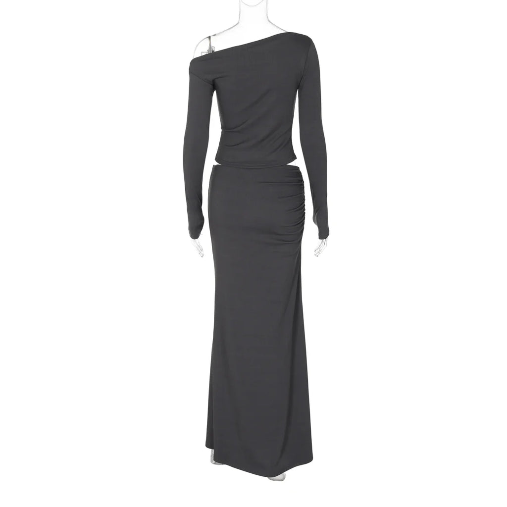 Solid Skew Collar Long Sleeve T-Shirt and Ruched Maxi Skirt 2-Piece Set Women's Y2K Fashion Outfit for Fall Night Party and Vacation