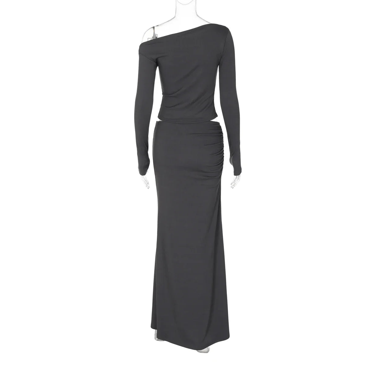 Solid Skew Collar Long Sleeve T-Shirt and Ruched Maxi Skirt 2-Piece Set Women's Y2K Fashion Outfit for Fall Night Party and Vacation