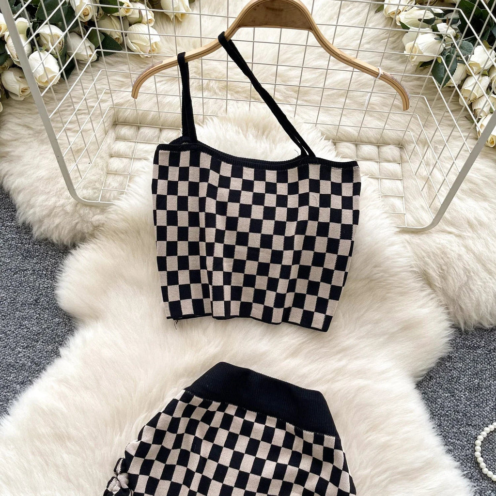 Women's Plaid Strapless Mini Top and High Waist Bodycon Skirt Set Casual Knitted Two-Piece Outfit