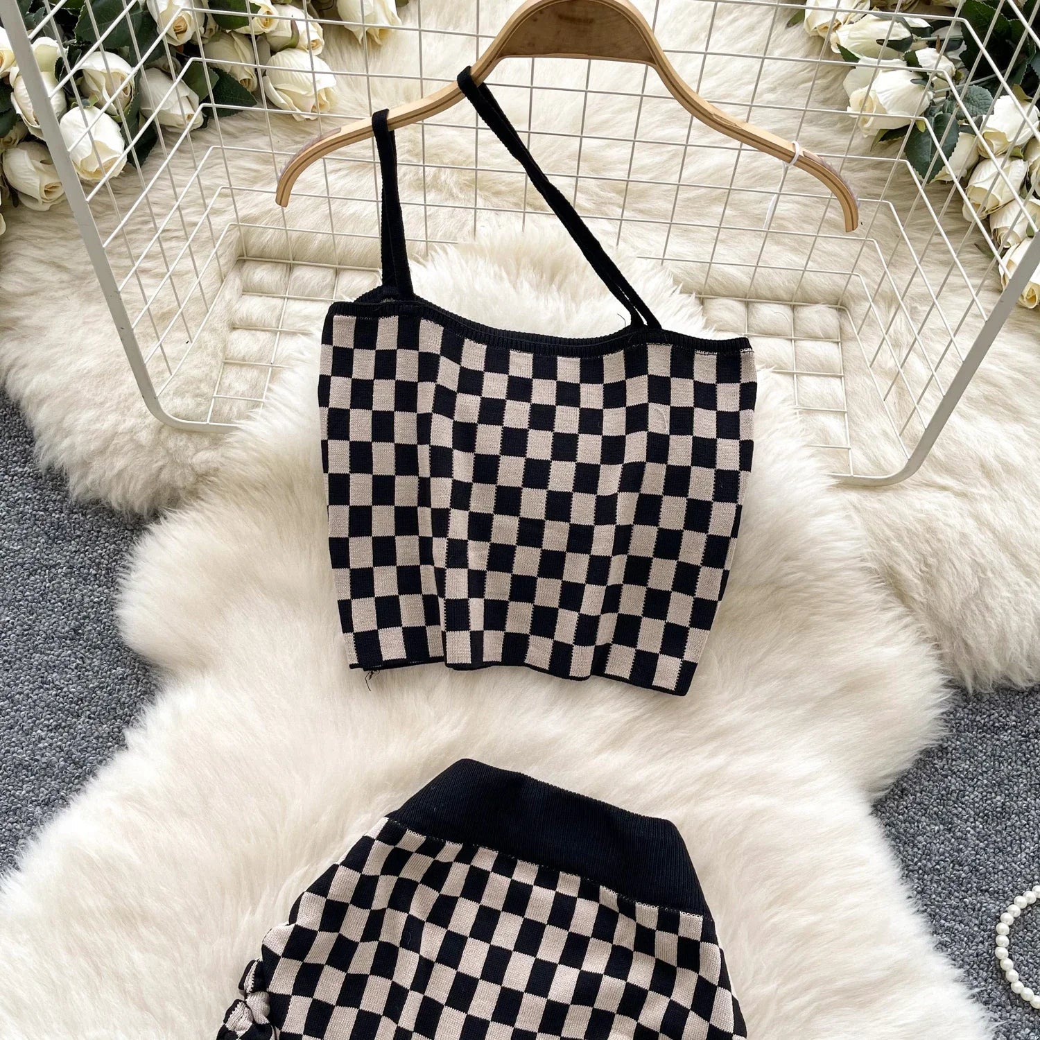 Women's Plaid Strapless Mini Top and High Waist Bodycon Skirt Set Casual Knitted Two-Piece Outfit