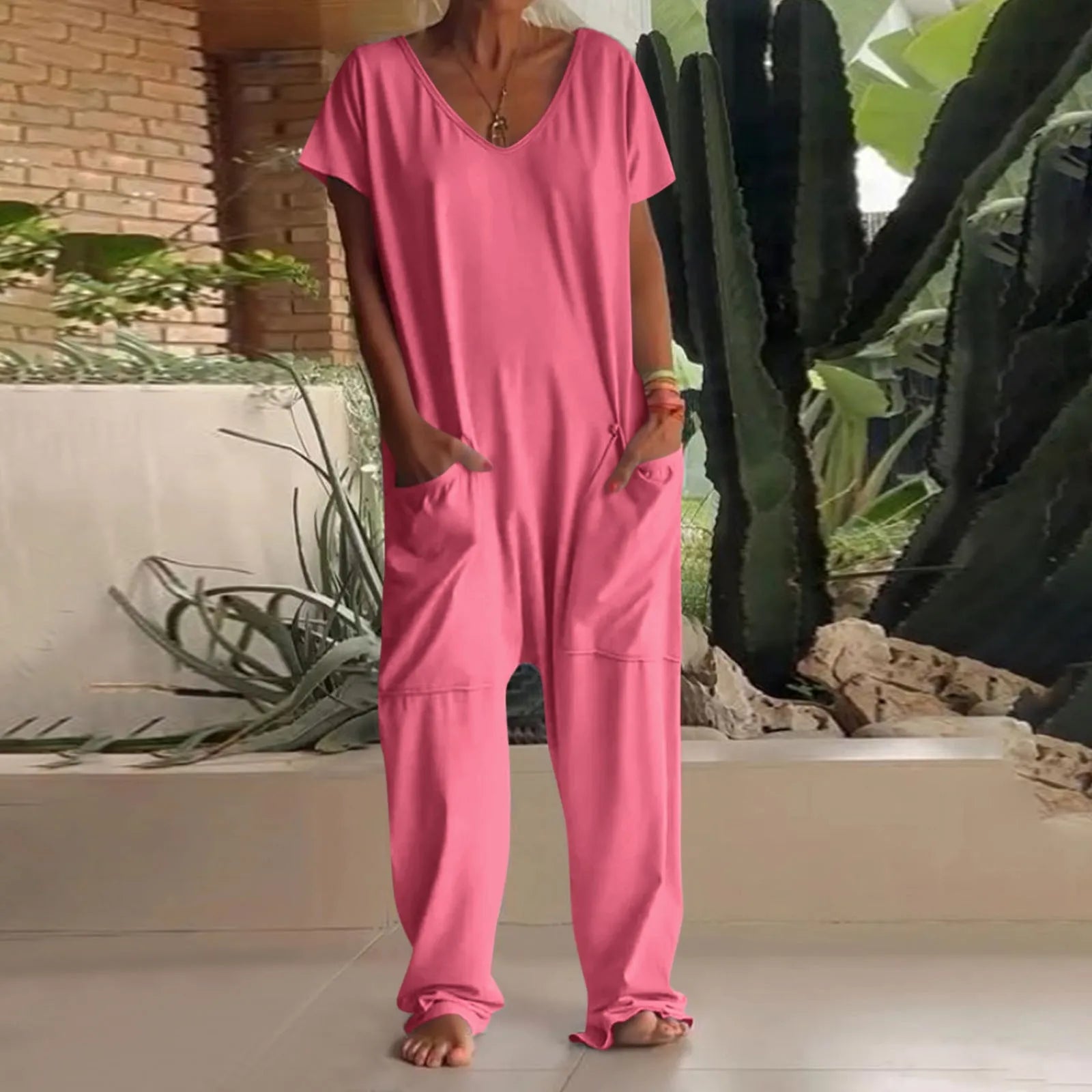 Women's Casual Short Sleeve Pullover Jumpsuit Loose Fit with Pockets Comfortable Lightweight Bodysuit Trendy Summer Romper