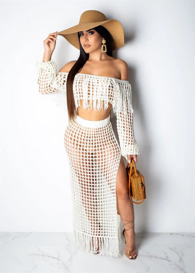 Fringed Tassel Two Piece Women's Beachwear Set Crochet Hollow Out See Through Crop Top and Long Skirt Vacation Outfit
