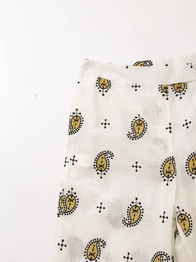 Vintage Women Embroidered Cardigan Coat and Wide Leg Trousers 2 Piece Outfit Set