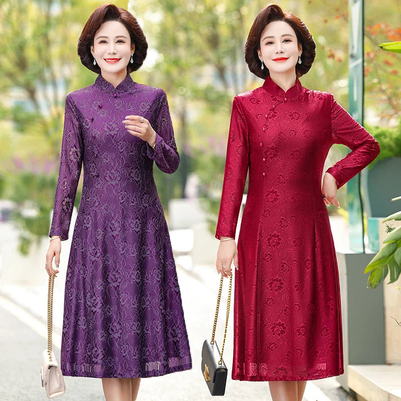 Elegant Lace Dress For Women With Qipao Collar A Line Long