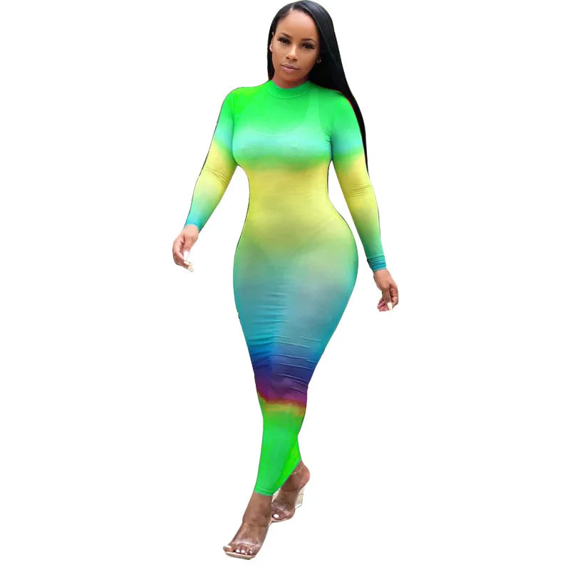 Rainbow Gradient Sheer O Neck Dress For Clubwear Nights