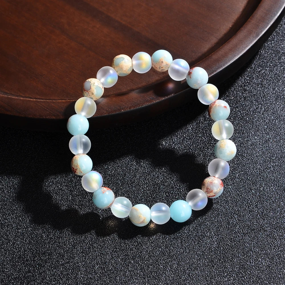 Aura Quartz and Ocean Sediment Beaded Bracelet for Abundance and Prosperity - Unisex Homeopathic Crystal Jewelry