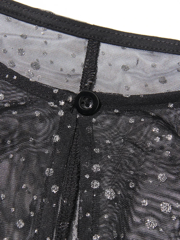 Sequin Patchwork Dress With Round Neck Mesh Sleeves