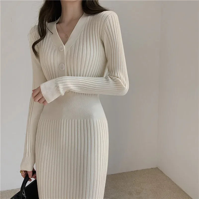 Knit V Neck Women Sweater Dress Long Sleeve Bodycon Office