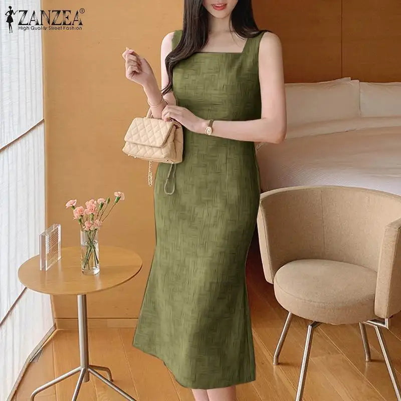 Elegant Sleeveless Square Neck Mermaid Midi Dress for Women