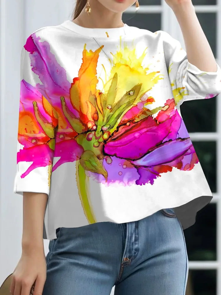 Women Floral Printed Loose Fit T-Shirt with Three-Quarter Sleeves and Round Neck for Casual Summer Style