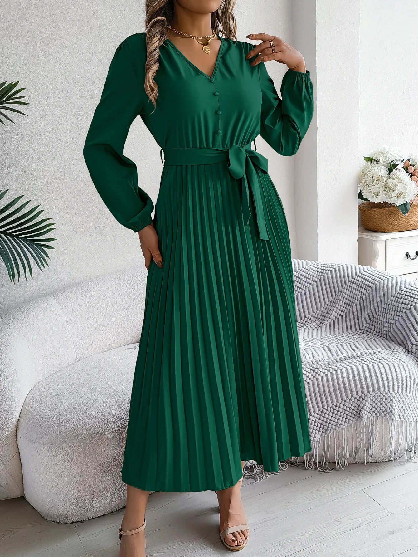 Elegant Autumn V Neck Belted Pleated Long Sleeve Dress