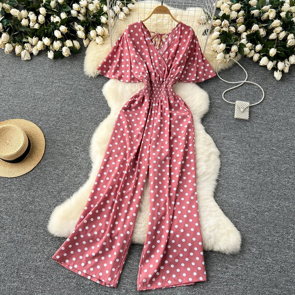 Elegant Polka Dot Romper for Women V-Neck Short Sleeve High Waist Wide Leg Jumpsuit Loose Fit Summer Playsuit
