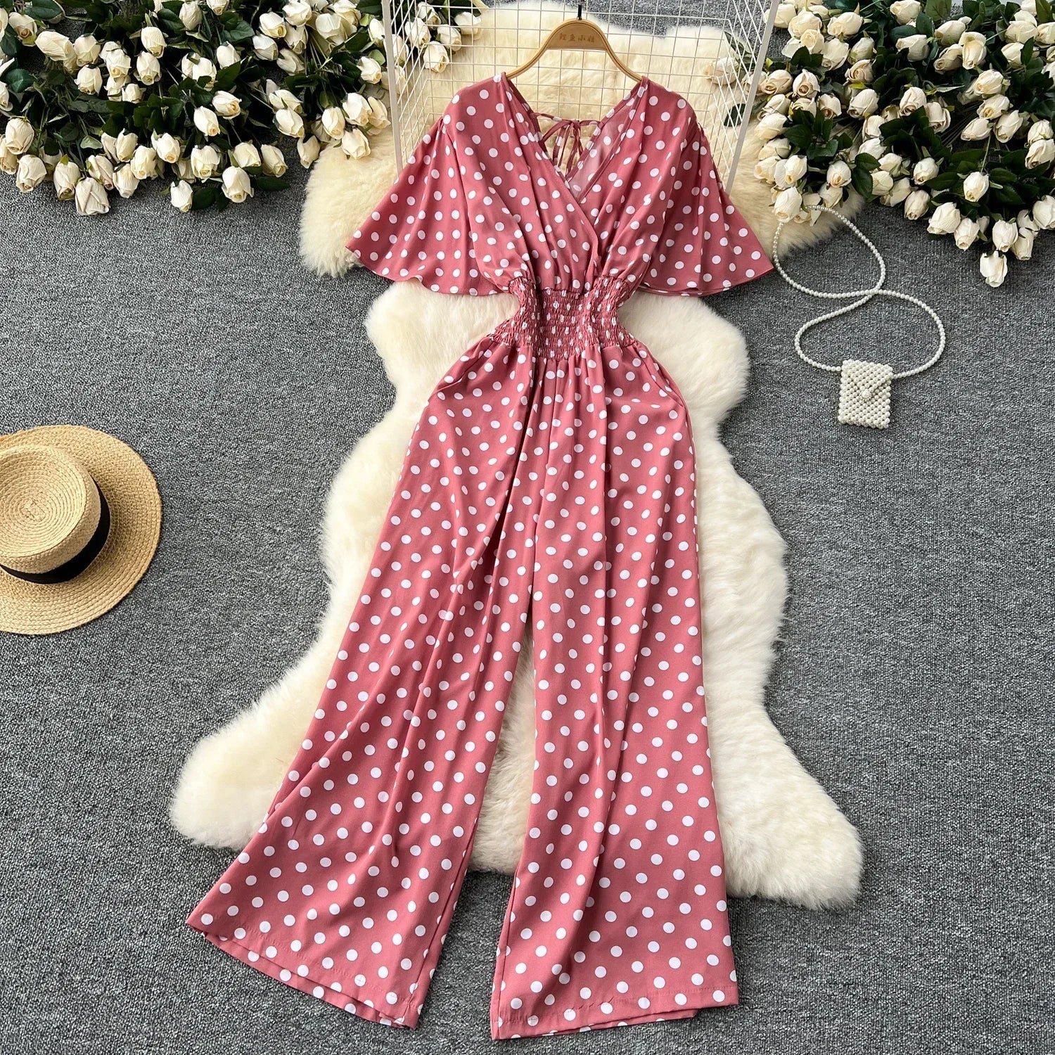 Elegant Polka Dot Romper for Women V-Neck Short Sleeve High Waist Wide Leg Jumpsuit Loose Fit Summer Playsuit