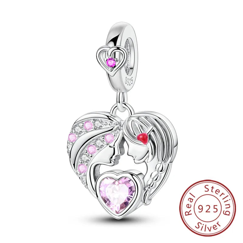 925 Sterling Silver Love Heart Family Charm Bead Pendant for Women's Bracelet Jewelry Gift