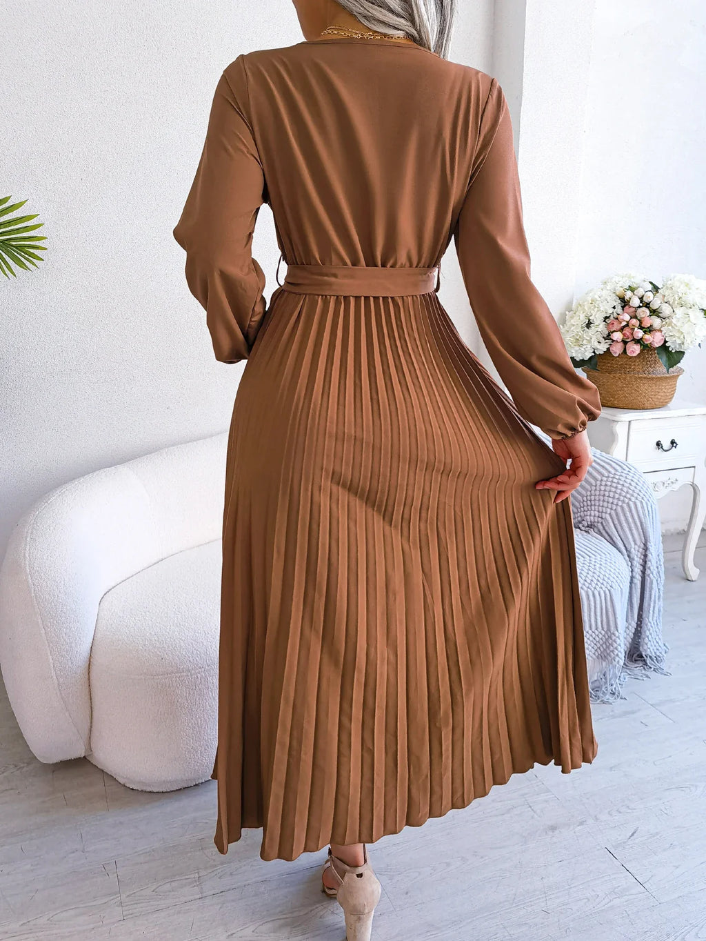 Elegant Surplice Neck Pleated Maxi Dress With Belt Flair
