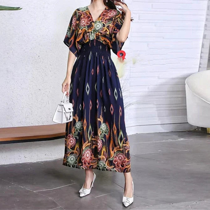 Chic Womens V Neck Vintage Boho Print A Line Dress Style