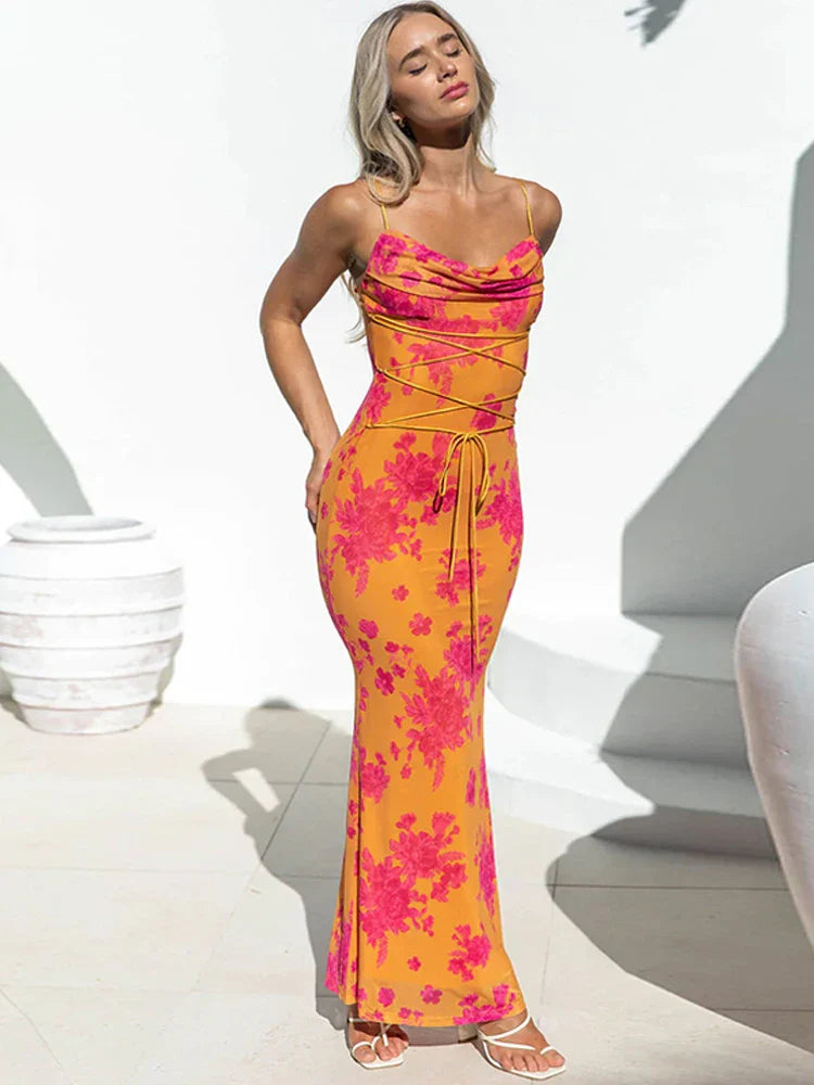 Floral Spaghetti Straps Maxi Dress Backless Evening Party