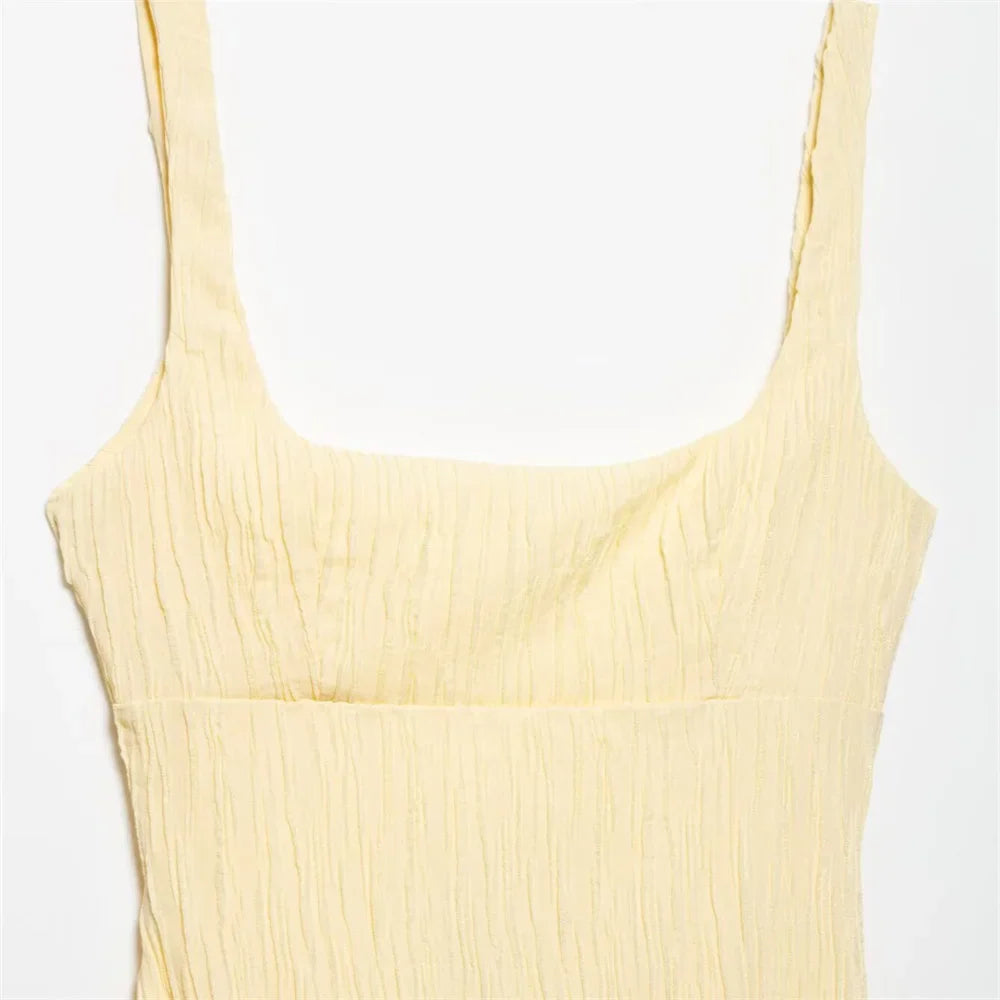 Women's Textured Midi Dress Square Neck Solid Color Design