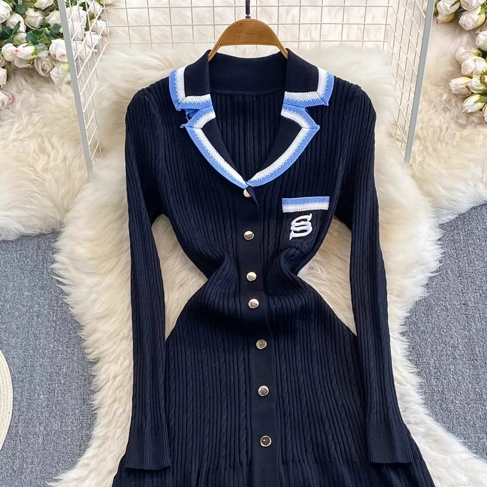 Knitted Sweater Dress With Embroidery Pocket Long Sleeve