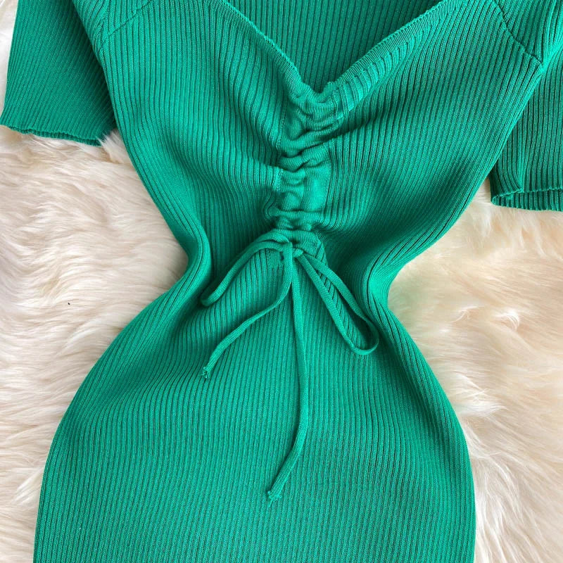 Korean Knit Bodycon Dress V Neck Drawstring Short Sleeves