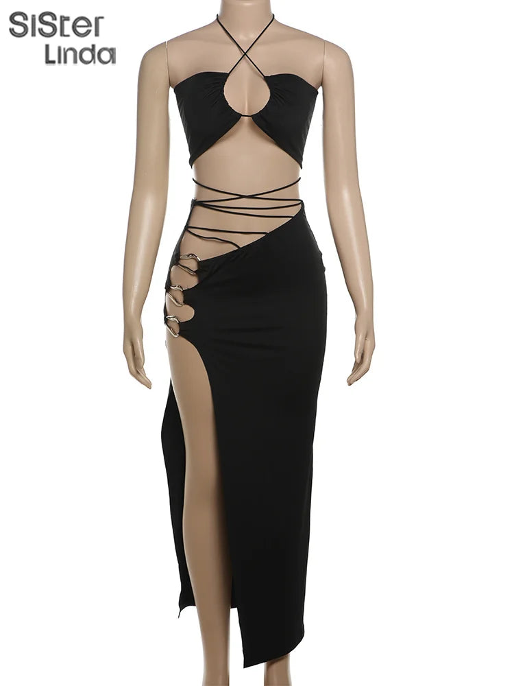 Junior Mid-Calf High Street Skirt Suit for Girls Solid Halter Neck with Slit Cleavage and Backless Design