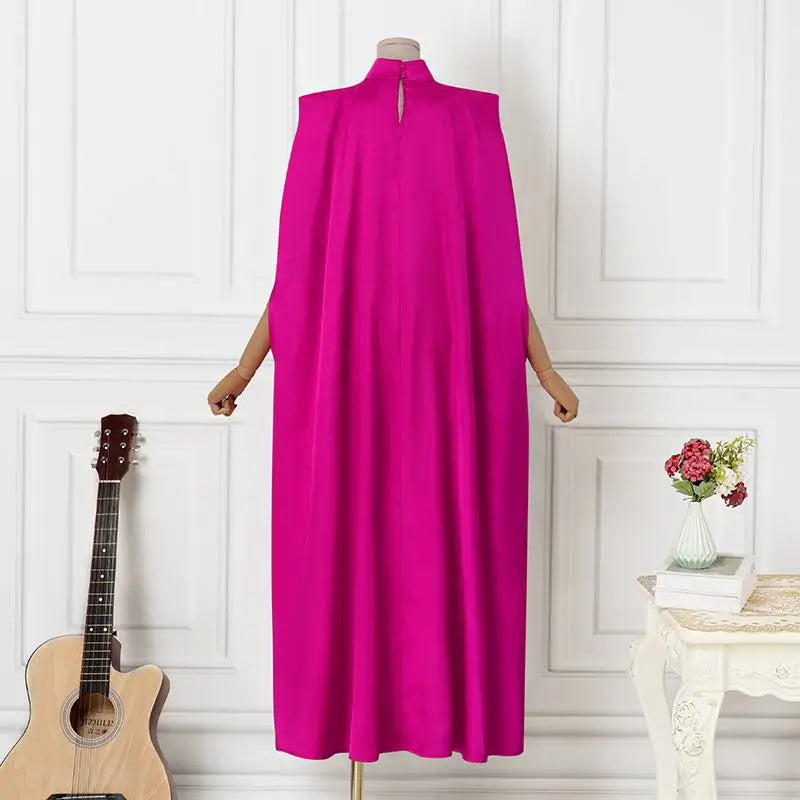 Satin Pleated Evening Dress With Stand Collar Long Sleeve