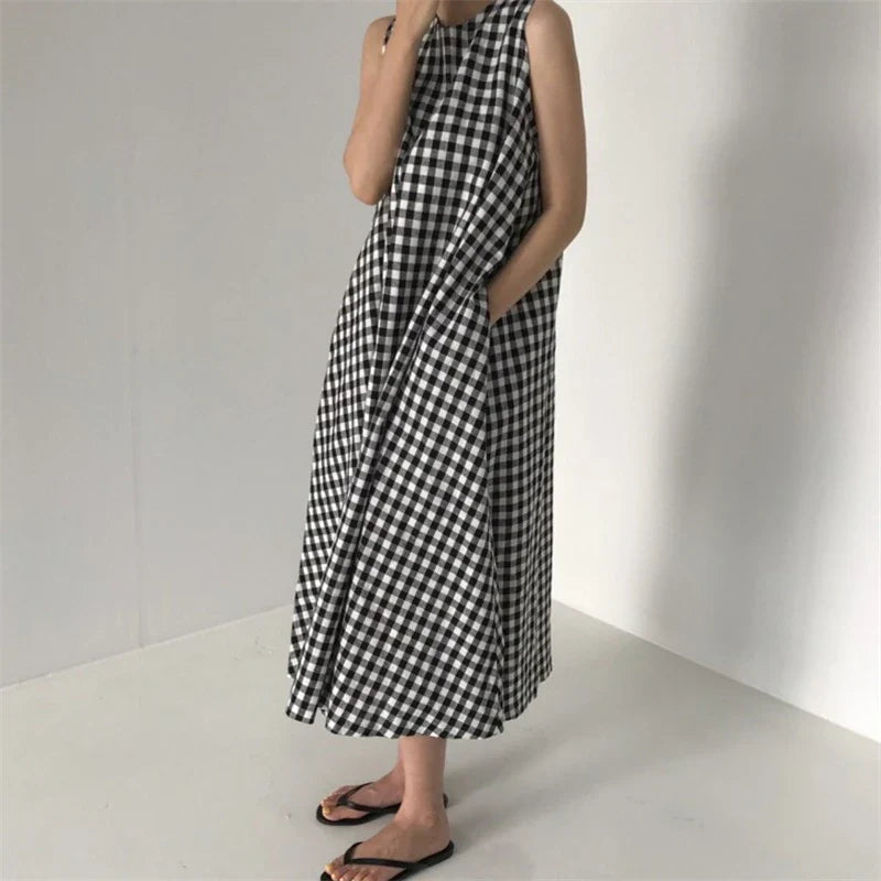 Vintage Plaid Tank Dress for Women High Waist O Neck