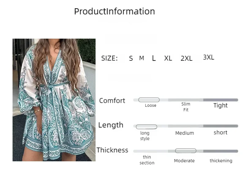 Casual Belted Print Dress For Women With V Neck Long Sleeve