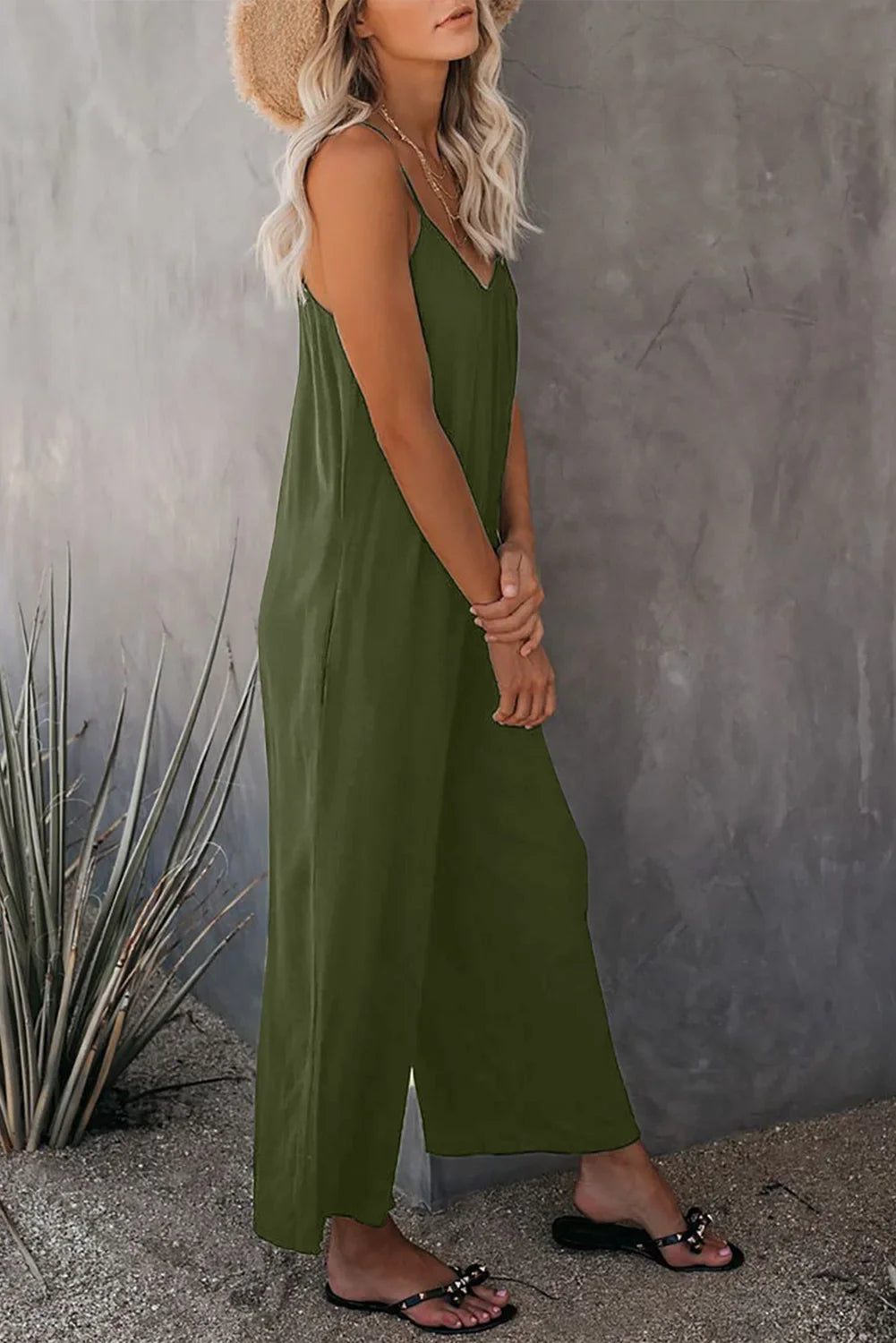 Women's Summer Strap Jumpsuit with Solid Color Design and Convenient Side Pockets Casual Lightweight Romper