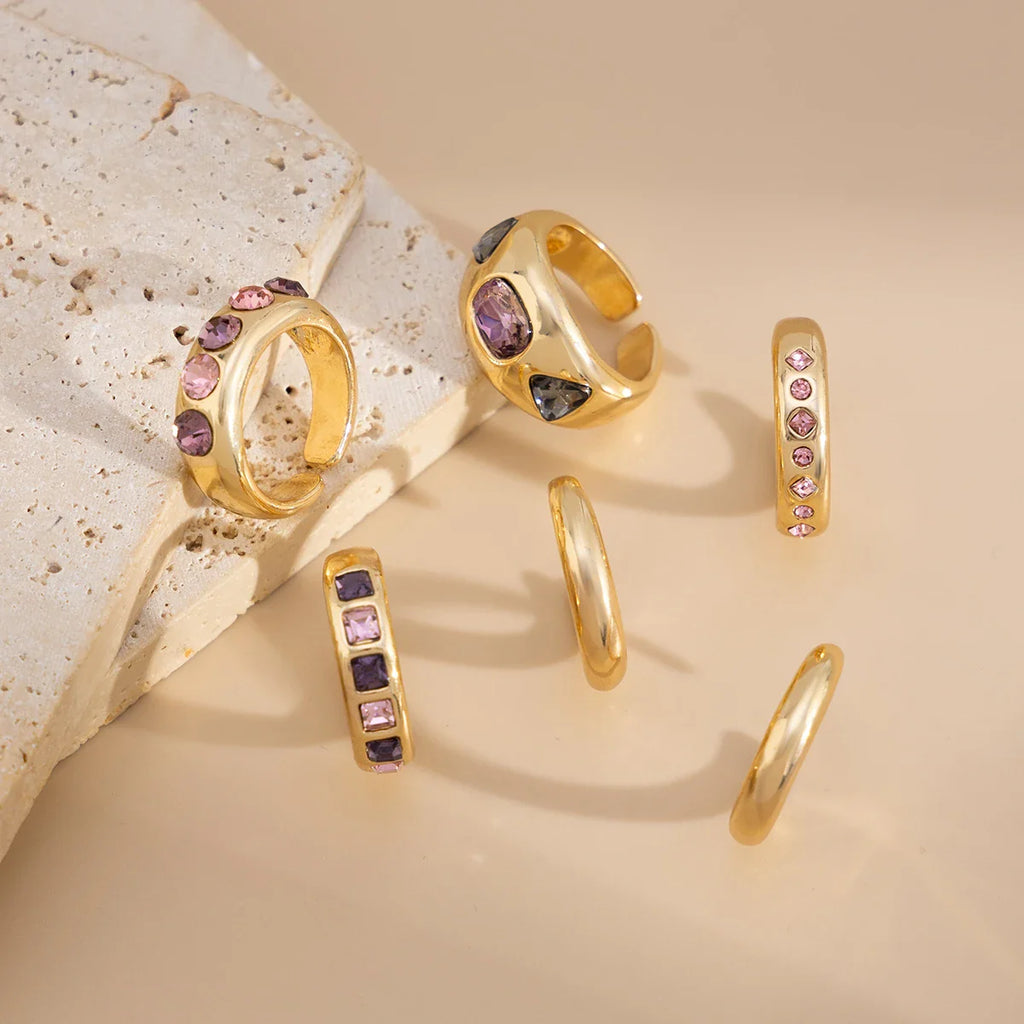 Adjustable Purple Zircon Inlaid Gold Color Ring Set for Women - 6 Piece Fashion Jewelry Collection